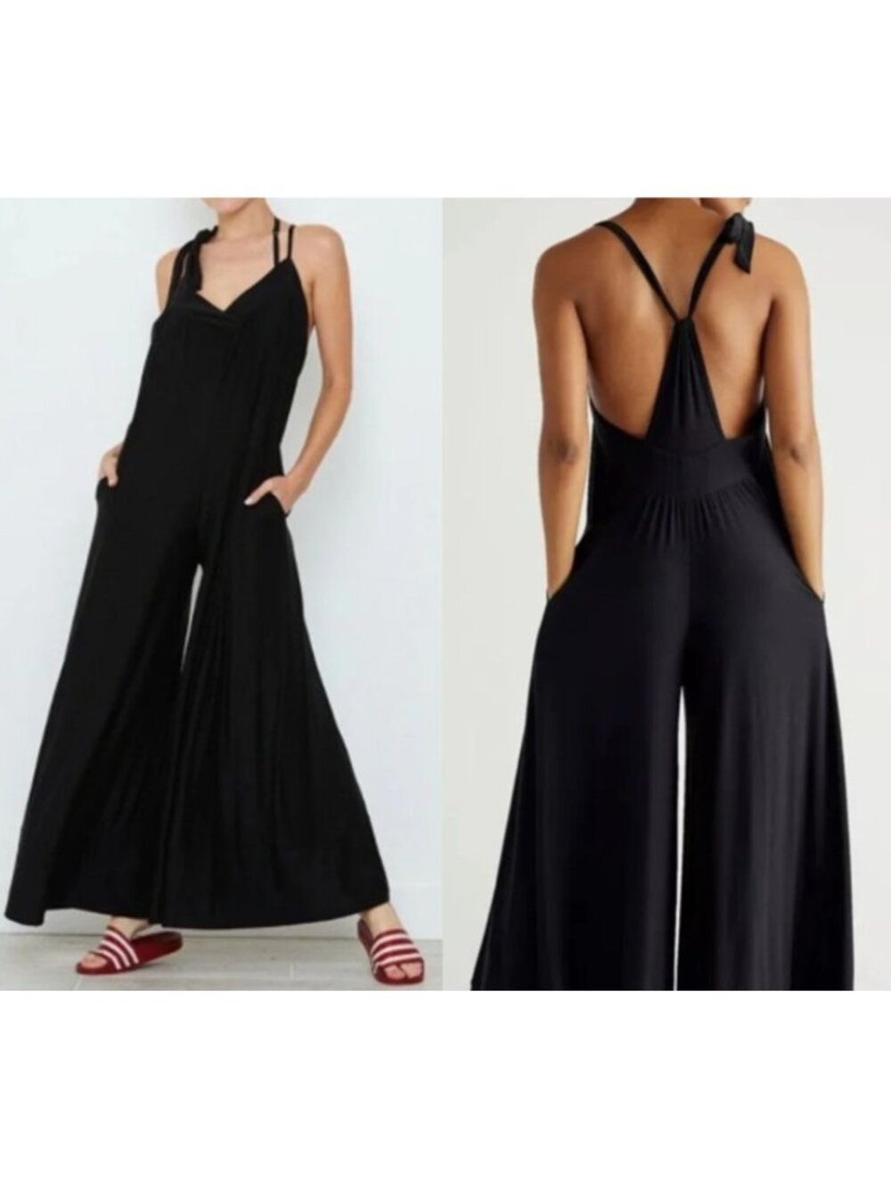 We Are HAH Jump 2 It Wide Leg Jersey Jumpsuit Sz XS Black Slinky Stretchy NWOT